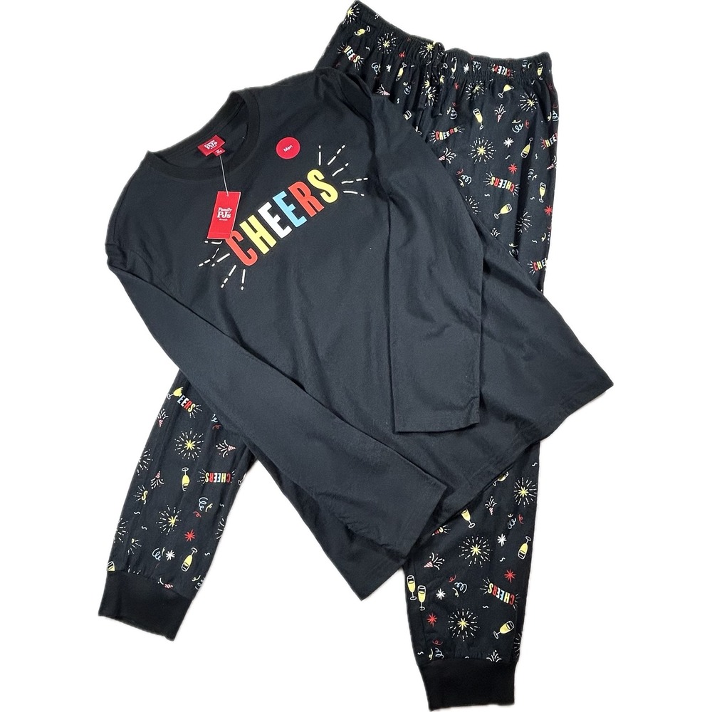 Men's Medium Cheers Pajama Set NWT Champagne New Year Black 2 Piece Christmas